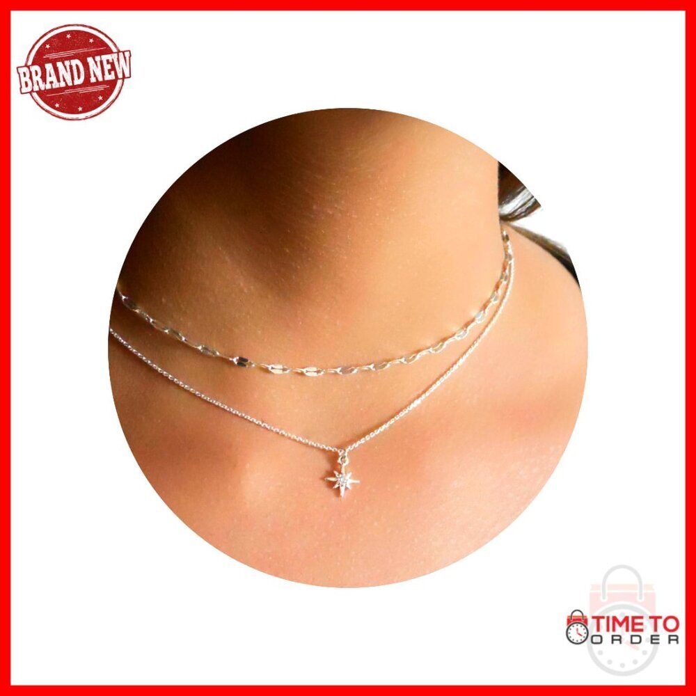 Sterling Silver Star Necklace with CZ Charm, 15-17 Inch Adjustable Length